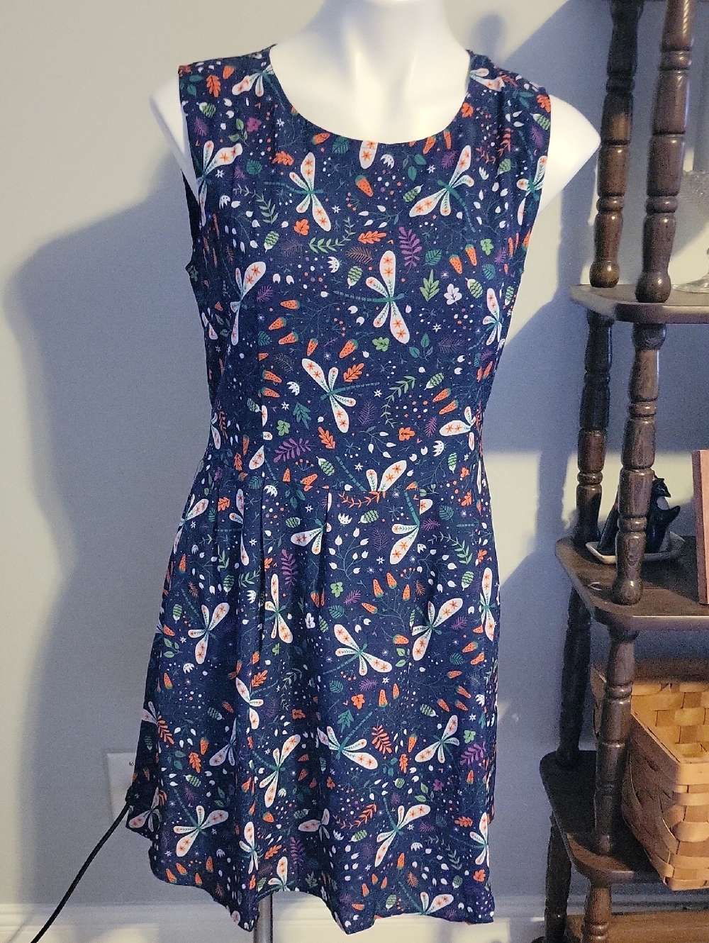 Sleeveless Navy Dress with Colorful Dragonfly & Strawberry Print...size Medium